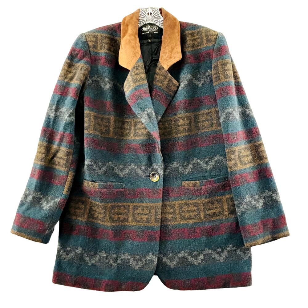 Braetan Southwestern Blazer Womens 6 Wool Blend Leather Collar Jacket Vtg 90s